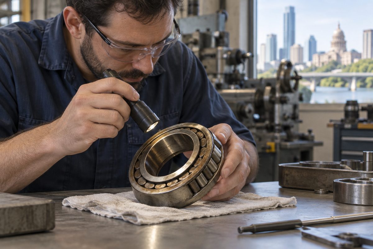 Technician inspecting an industrial bearing with a handheld instrument