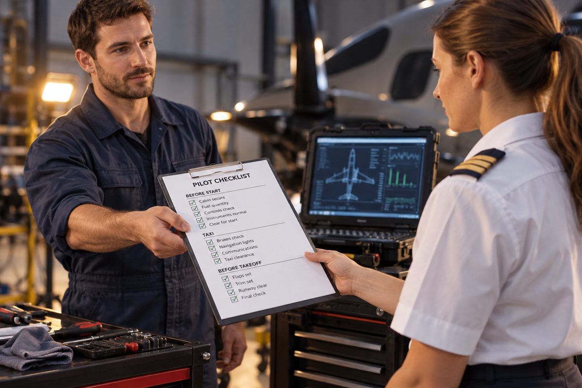 Technician handing a pilot checklist to an operator