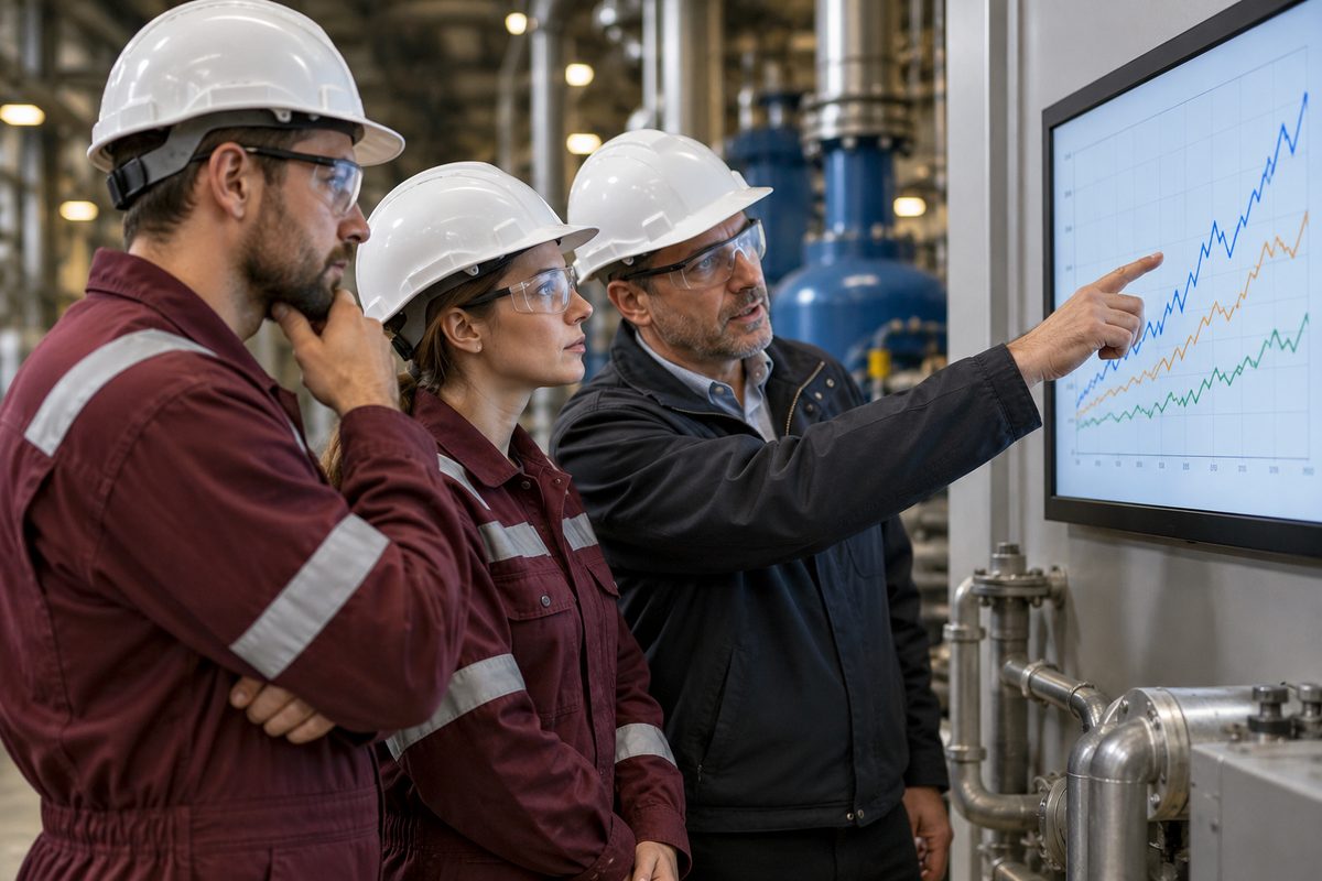 Industrial team reviewing pilot evidence near equipment