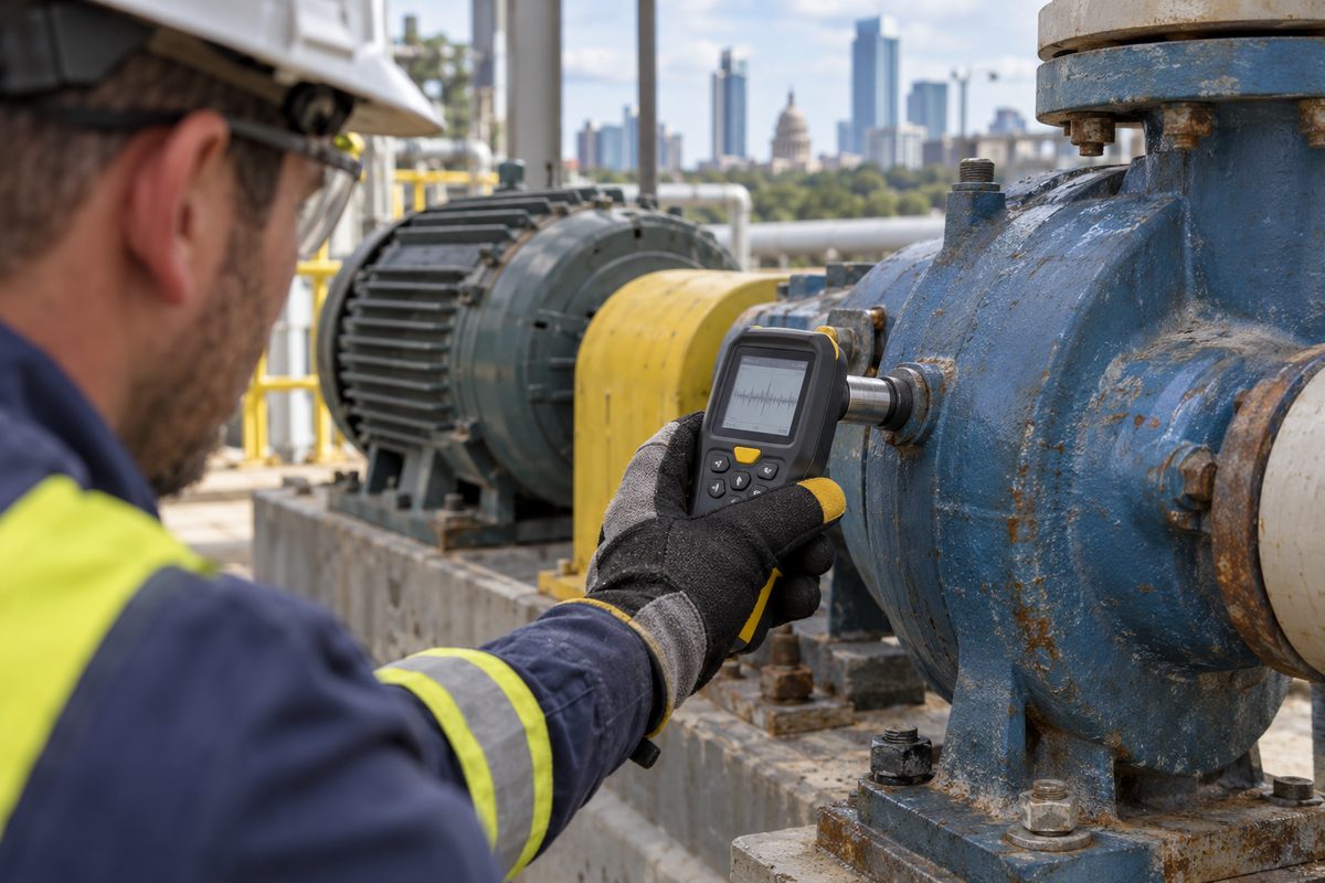 Vibration meter held against an industrial pump housing